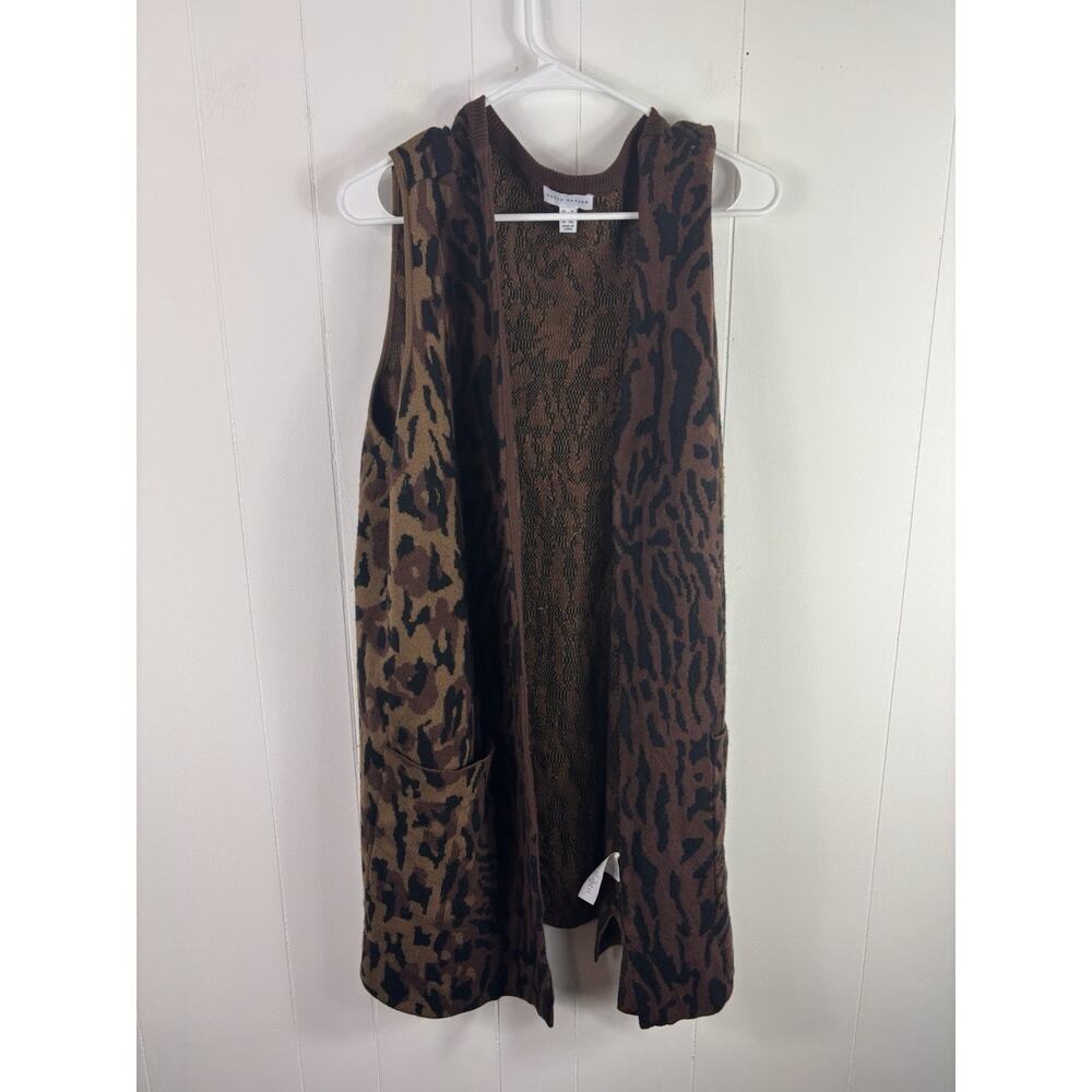 Susan Graver Jacquard Open Front Sweater Vest with Pockets Leopard Print 1X
